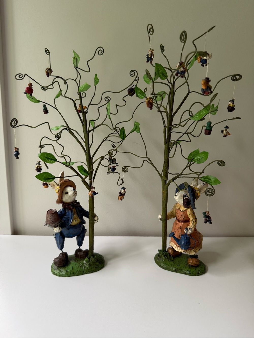 Whimsical Green Decorative Holiday Tree Figurines - Pair